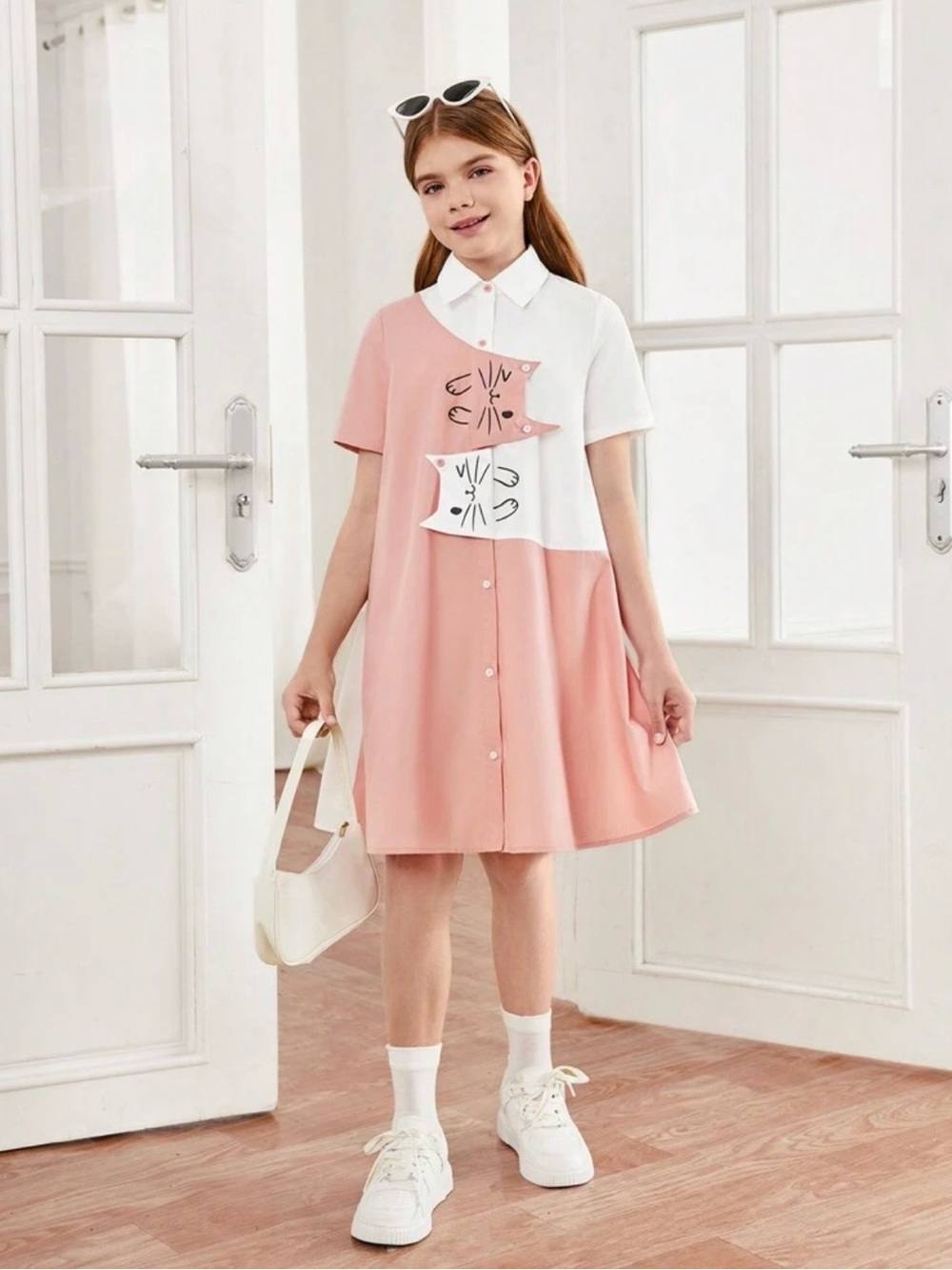Girls' Pink and White Cat Panel Shirt Dress